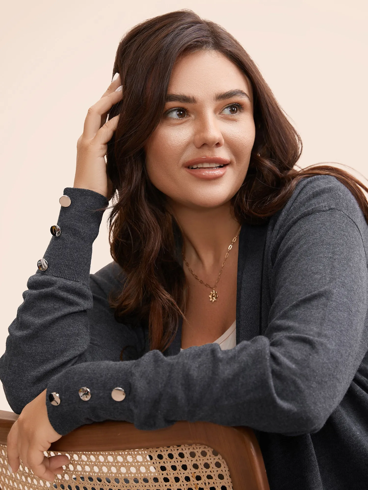 Kimono Collar Button Detail Asymmetrical Hem Cardigan sold by Bloomchic product image thumbnail 5