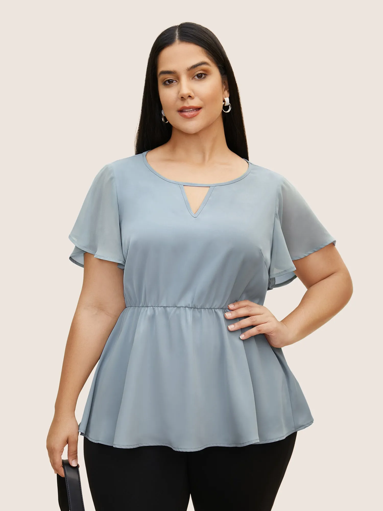 Round Neck Chiffon Patchwork Cut Out Blouse sold by Bloomchic