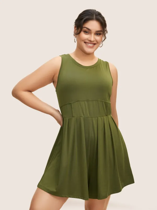 Plain Round Neck Cinching Waist Romper sold by Bloomchic