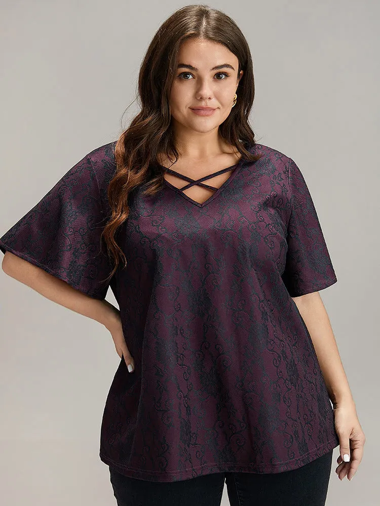 Lace Crisscross Neck T-shirt sold by Bloomchic
