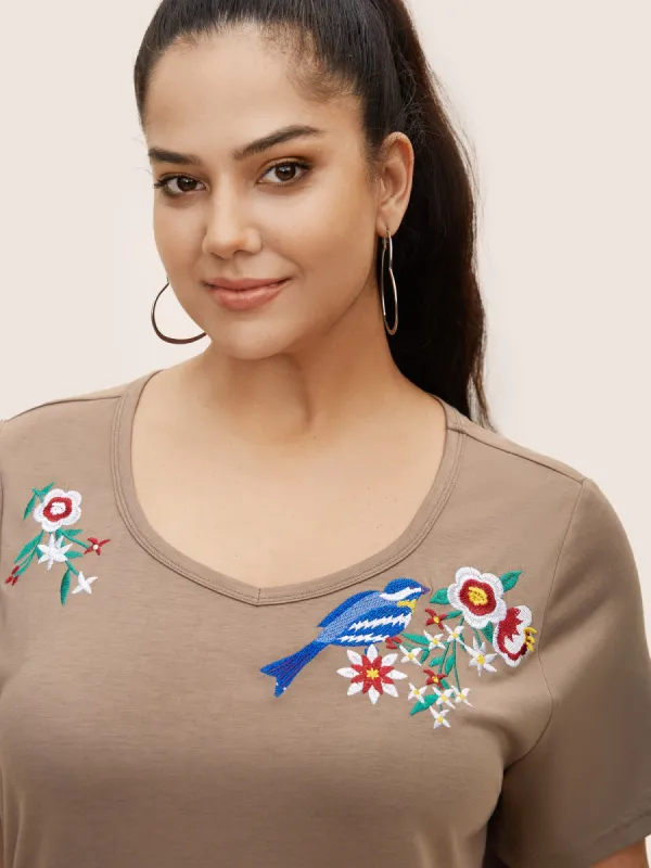 Heart Neckline Natural Floral Embroidered T-shirt sold by Bloomchic