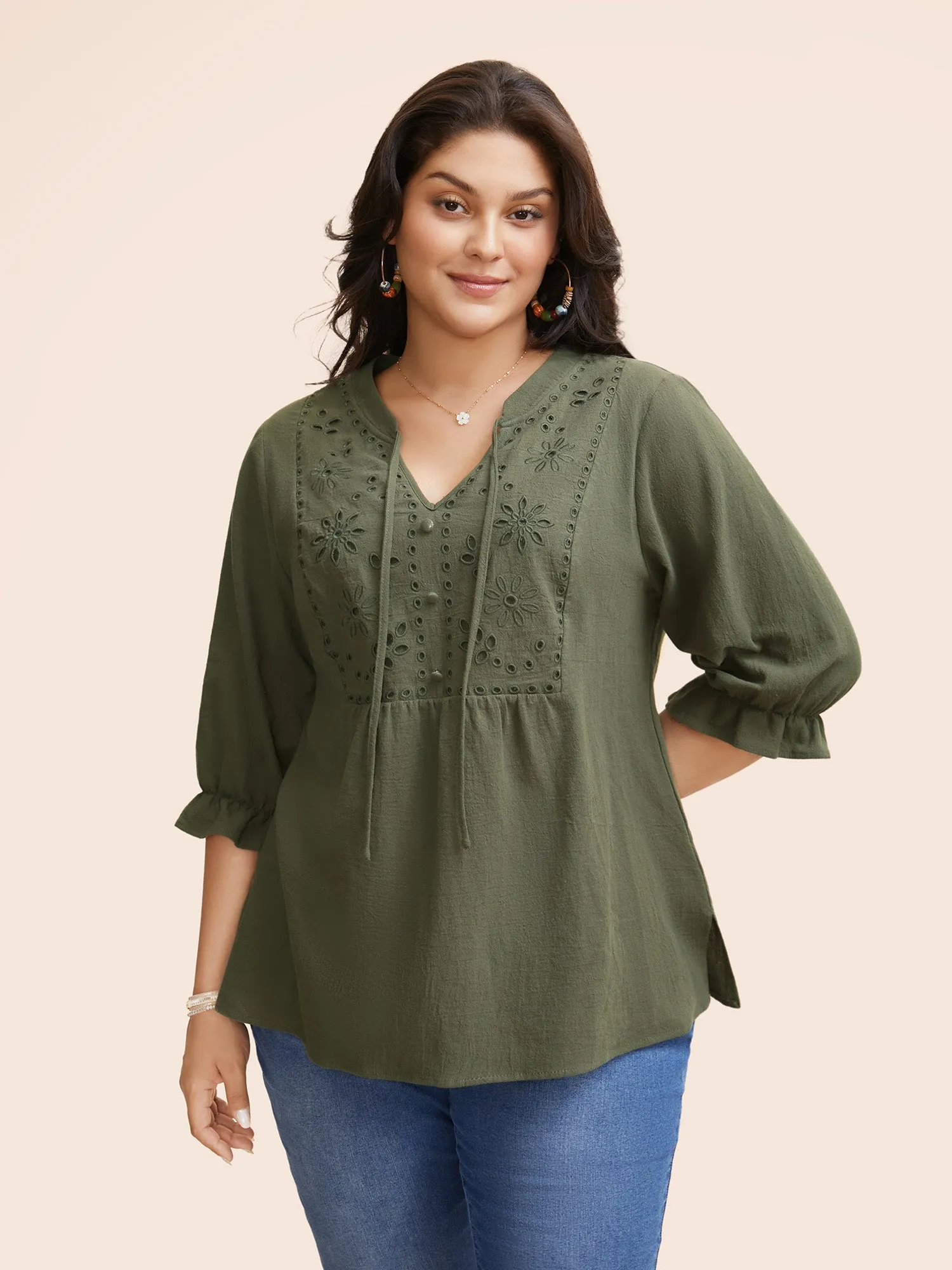Broderie Anglaise Tie Knot Lantern Sleeve Blouse sold by Bloomchic