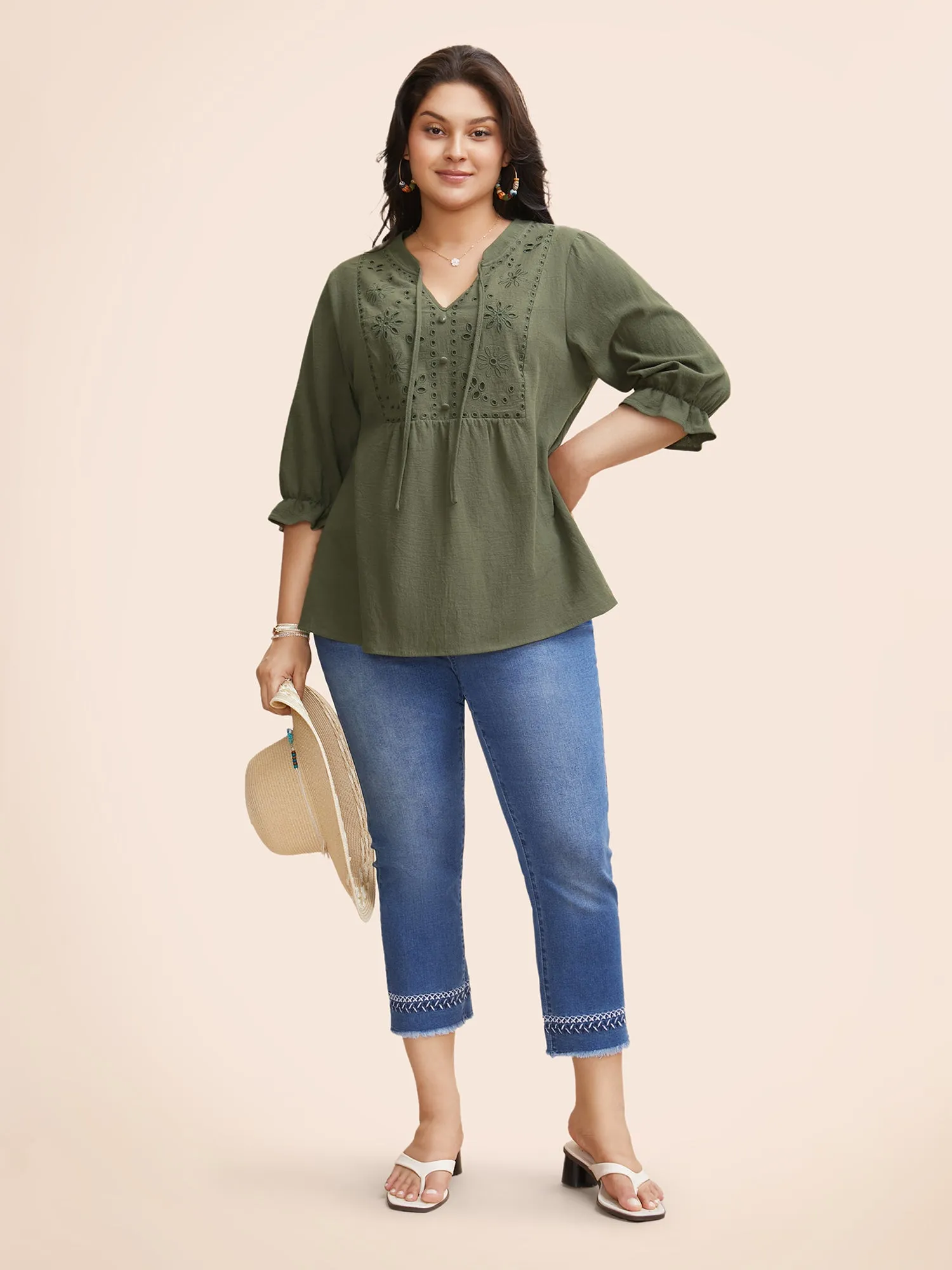 Broderie Anglaise Tie Knot Lantern Sleeve Blouse sold by Bloomchic product image thumbnail 2