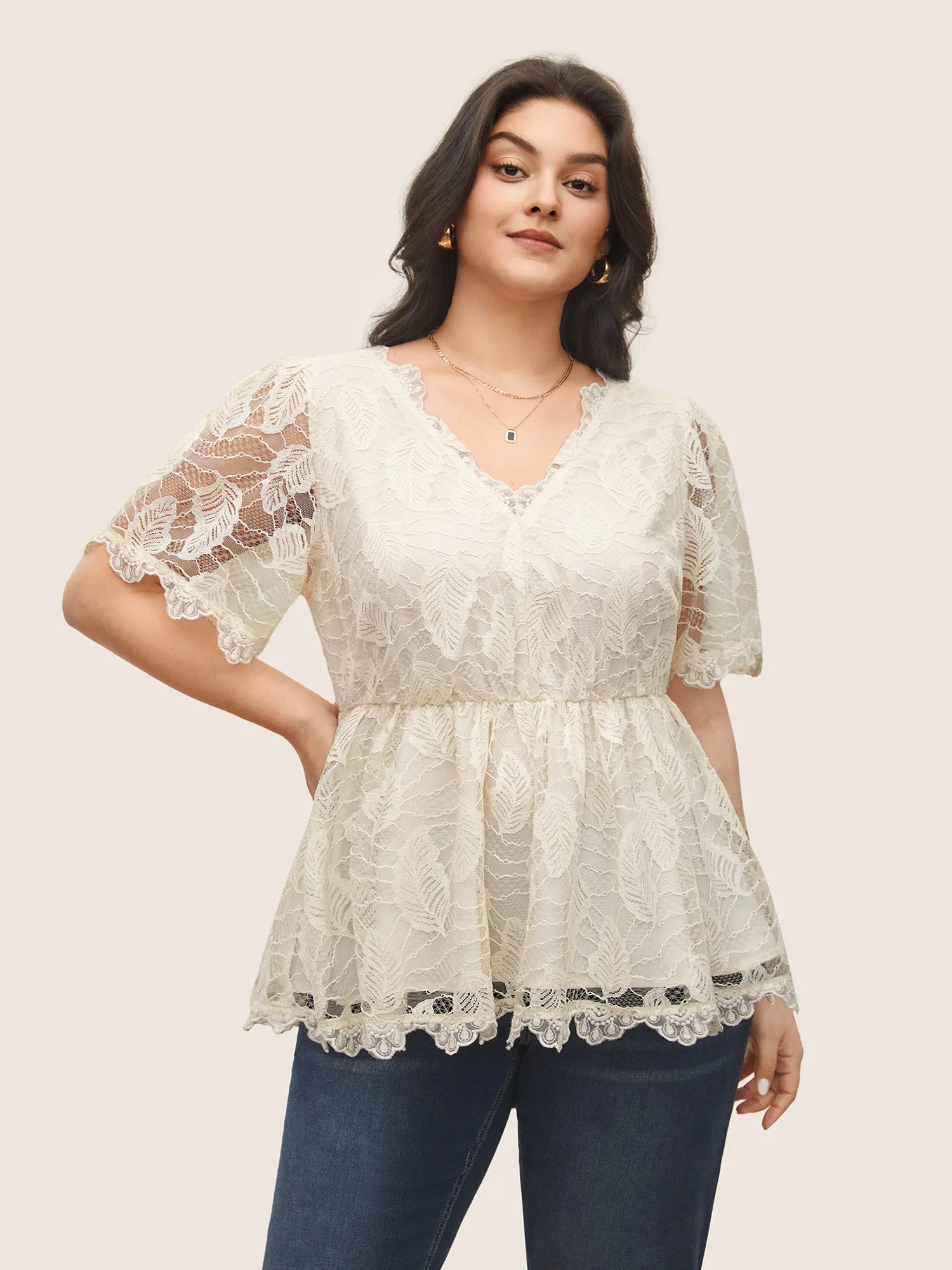 Lace Panel Mesh Patchwork Elastic Waist Blouse sold by Bloomchic