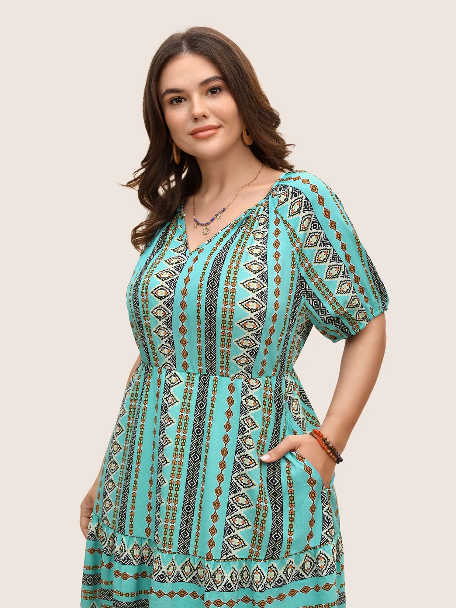 Bandana Print Elastic Waist Gathered Puff Sleeve Dress sold by Bloomchic product image thumbnail 4