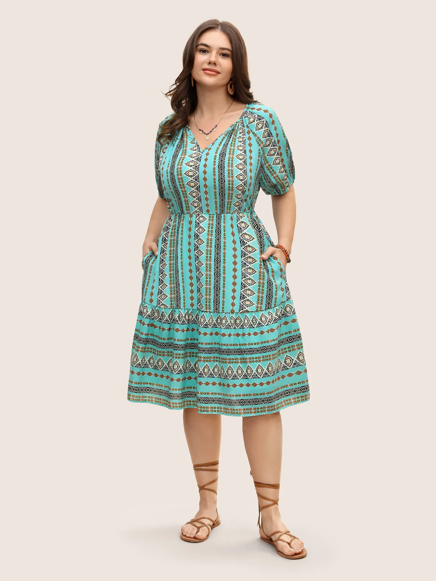 Bandana Print Elastic Waist Gathered Puff Sleeve Dress sold by Bloomchic product image thumbnail 2