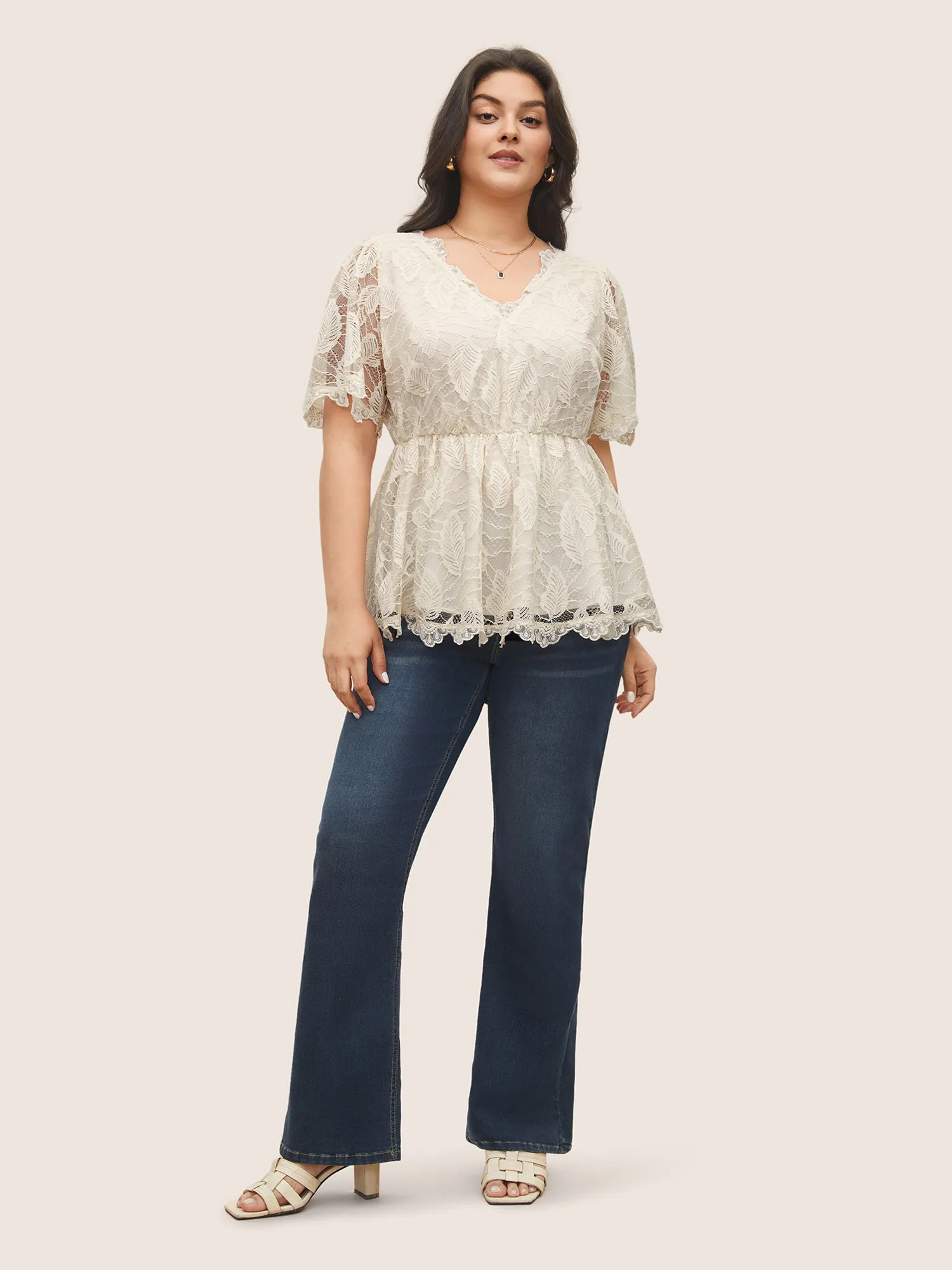 Lace Panel Mesh Patchwork Elastic Waist Blouse sold by Bloomchic product image thumbnail 2