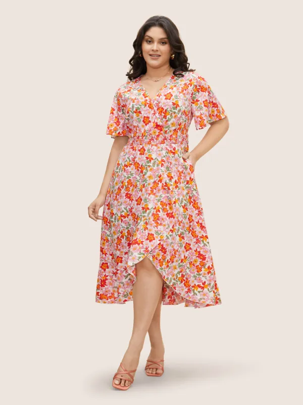 Floral Shirred Wrap Hem Ruffle Sleeve Midi Dress sold by Bloomchic