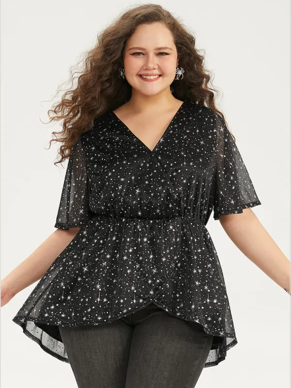 Halloween Star Glitter Wrap Mesh Flutter Sleeve Blouse sold by Bloomchic