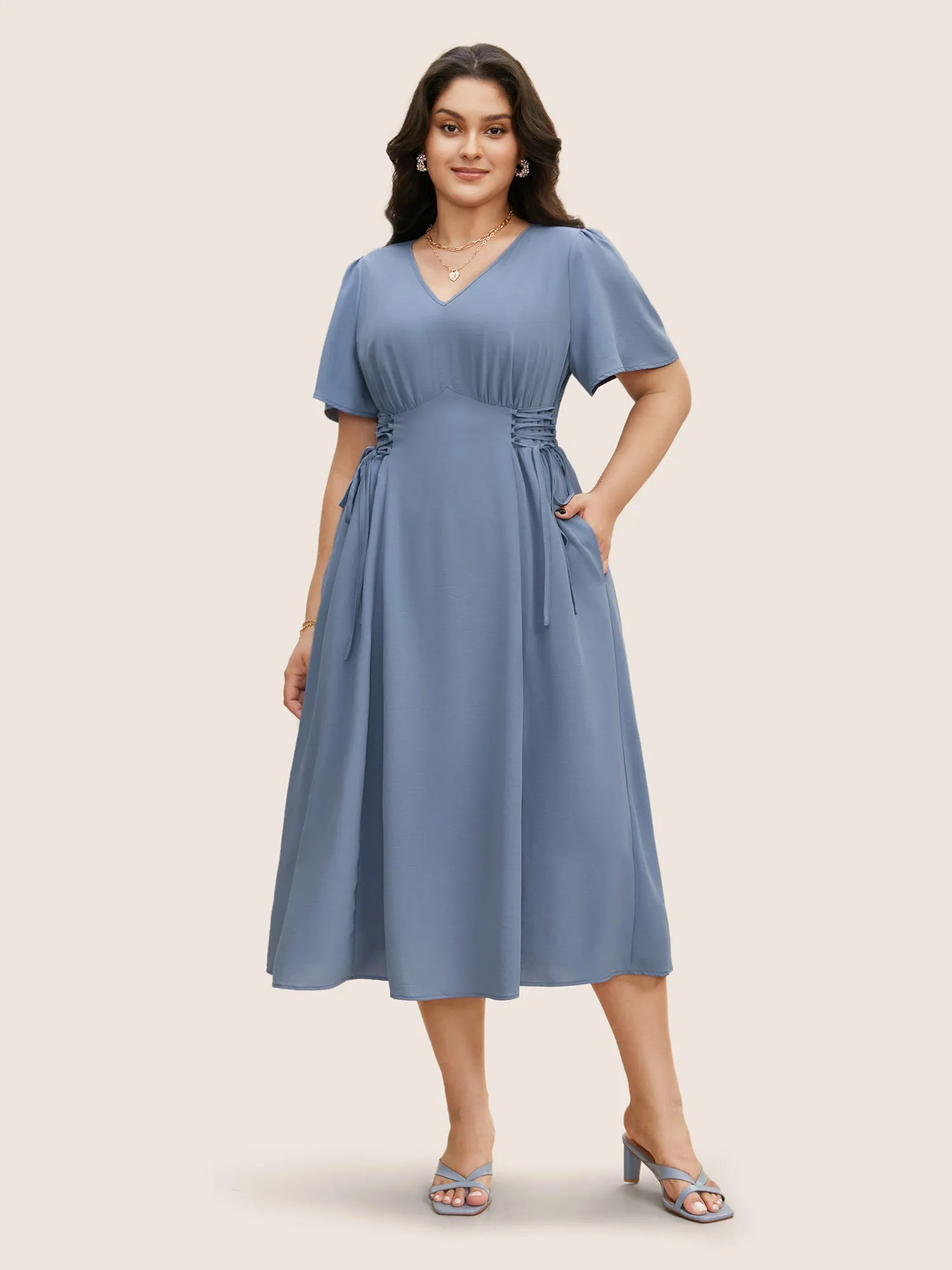 V Neck Shirred Gathered Lace Up Dress sold by Bloomchic product image thumbnail 3