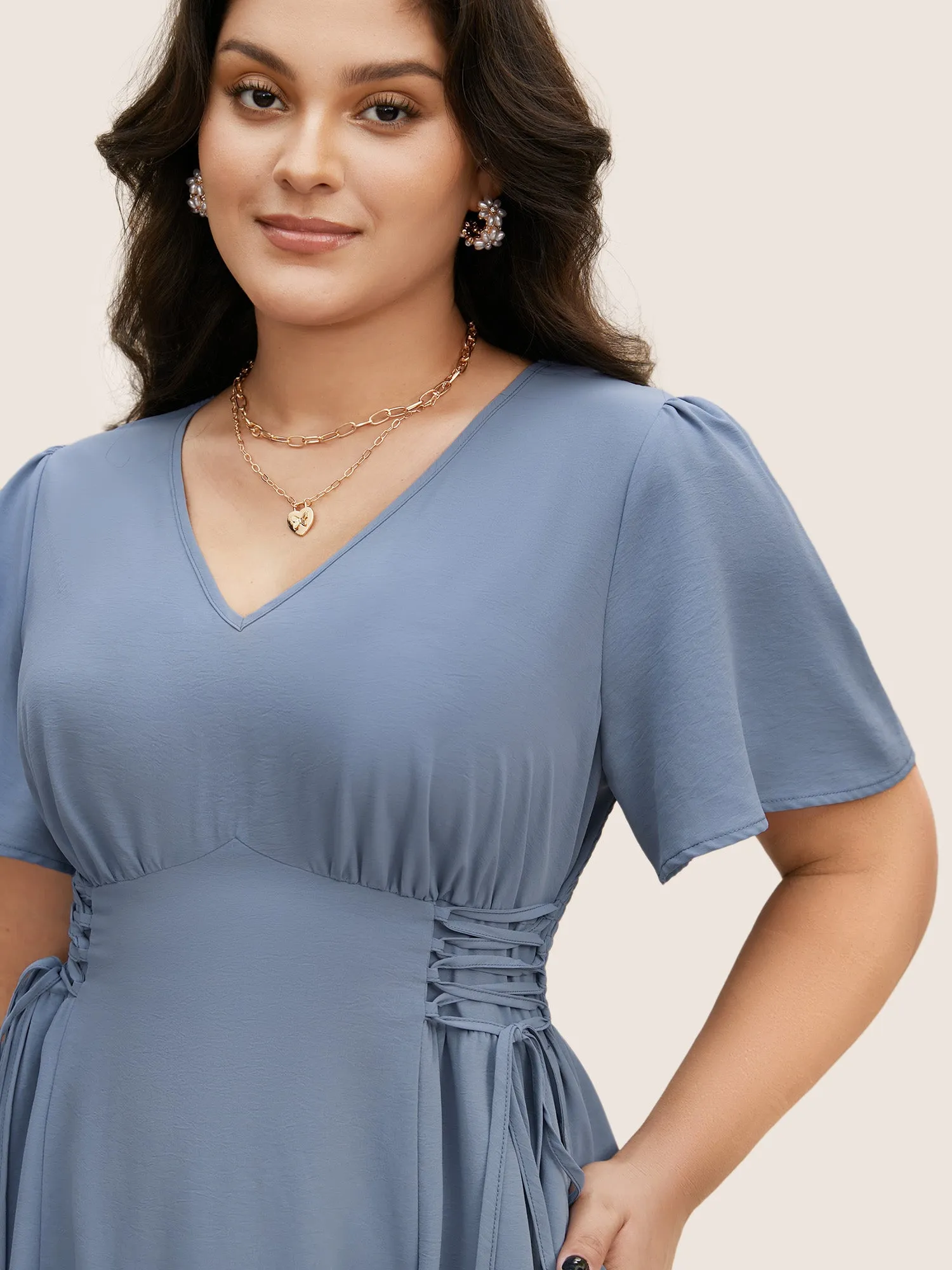 V Neck Shirred Gathered Lace Up Dress sold by Bloomchic product image thumbnail 2