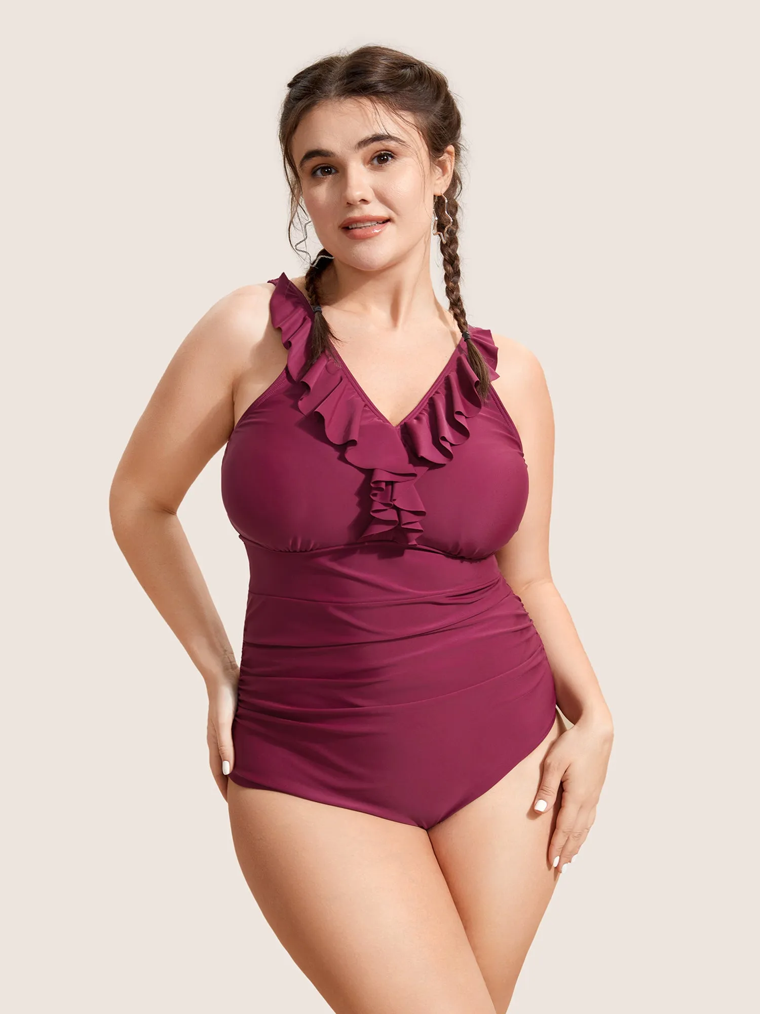 Plain Ruffle Trim Gathered Sleeveless One Piece Swimsuit sold by Bloomchic