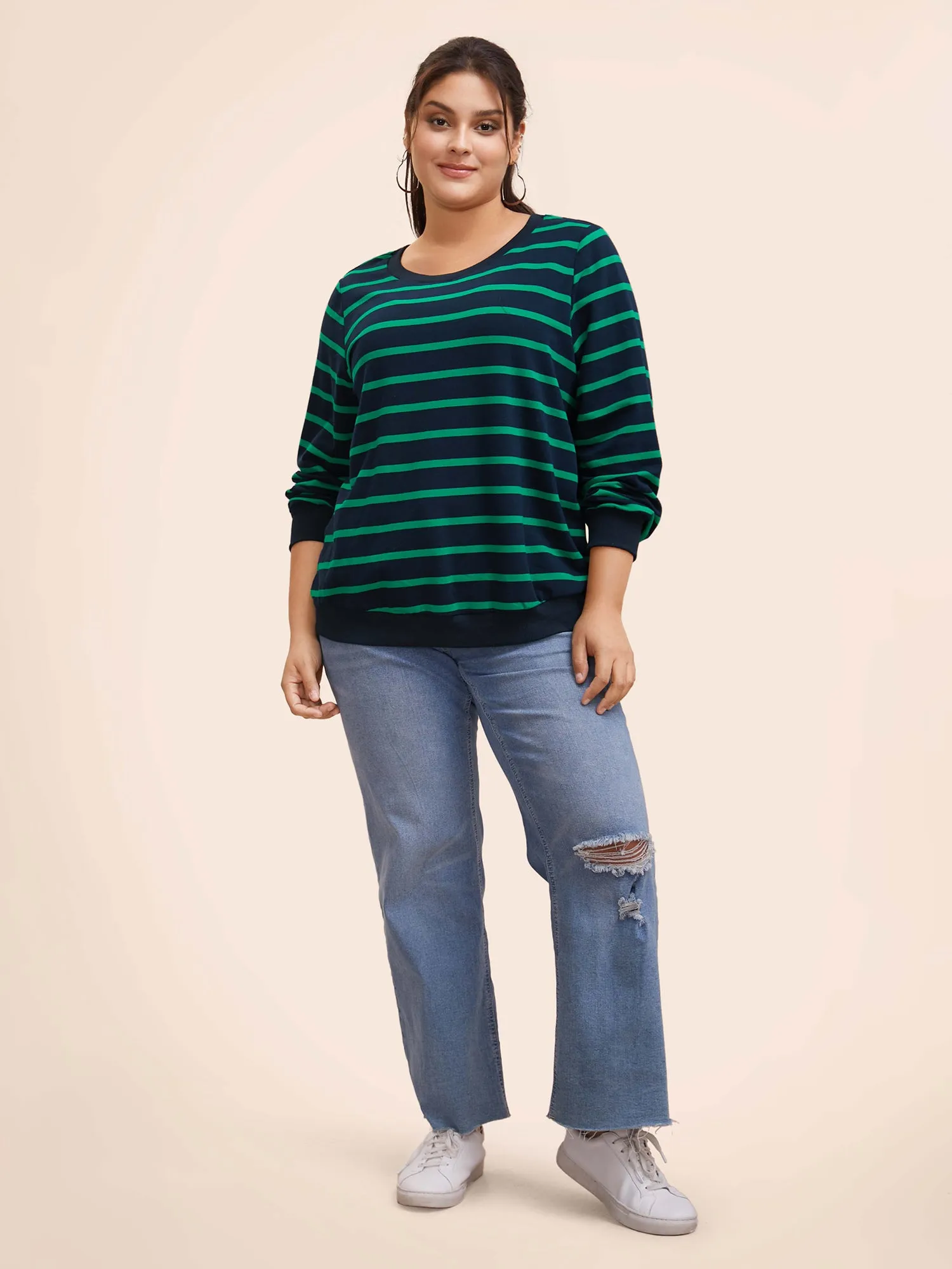 Round Neck Striped Stretchy Sweatshirt sold by Bloomchic product image thumbnail 2