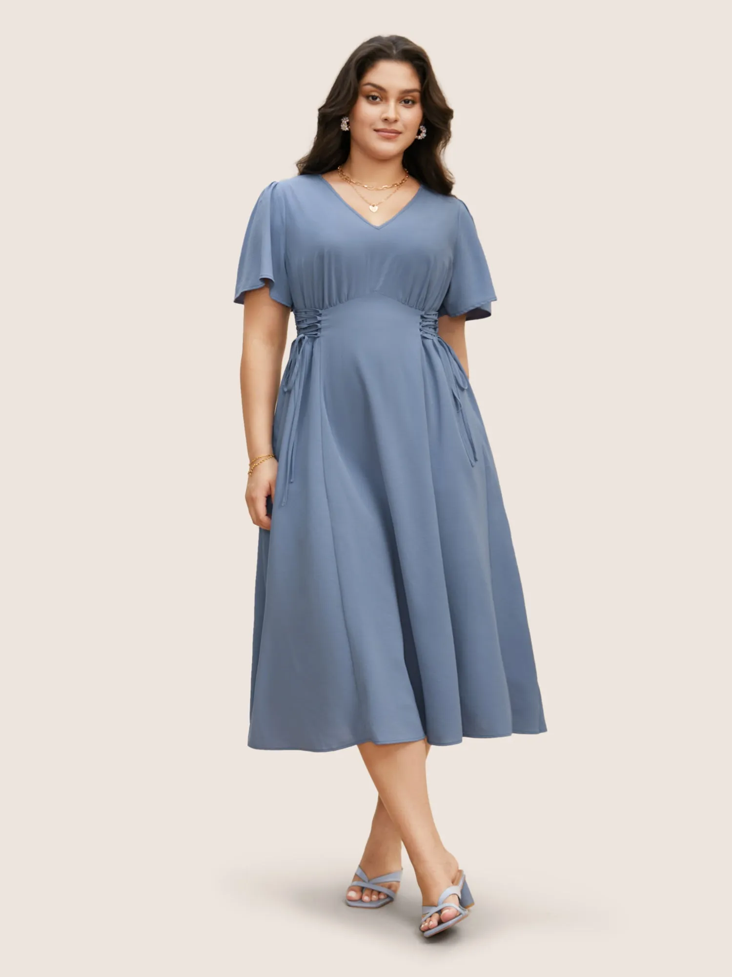 V Neck Shirred Gathered Lace Up Dress sold by Bloomchic