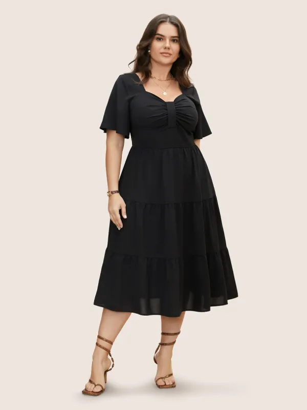Heart Neckline Ruched Ruffle Layered Hem Dress sold by Bloomchic
