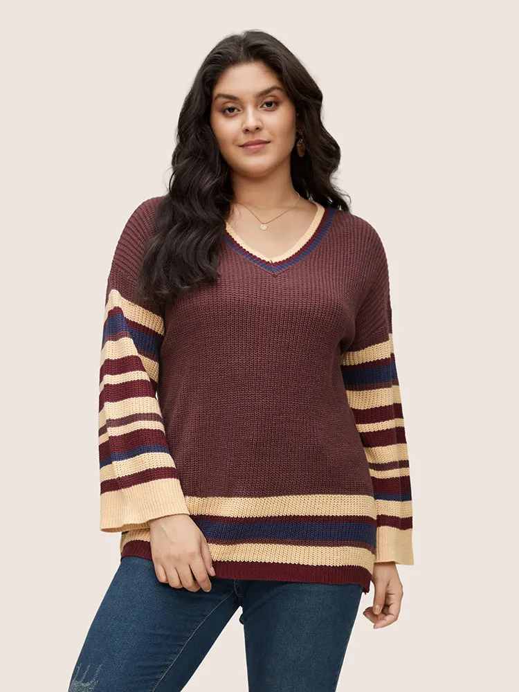 Striped Contrast Knit Drop Shoulder Pullover sold by Bloomchic
