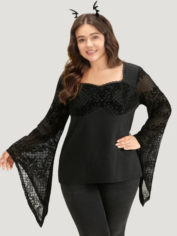 Halloween Floral Eyelet Lace Mesh Bell Sleeve Blouse sold by Bloomchic