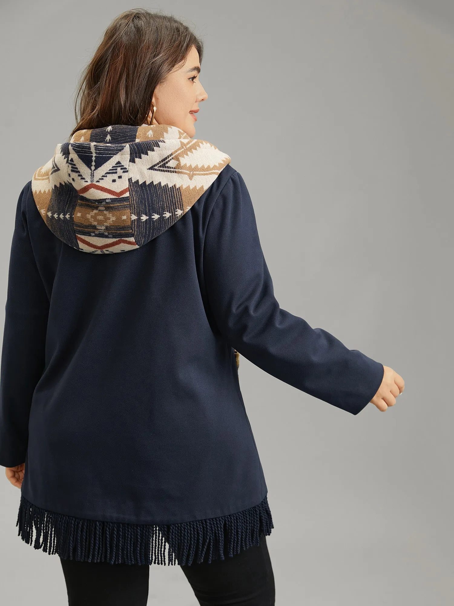 Geometric Contrast Hooded Tassel Trim Coat sold by Bloomchic product image thumbnail 5