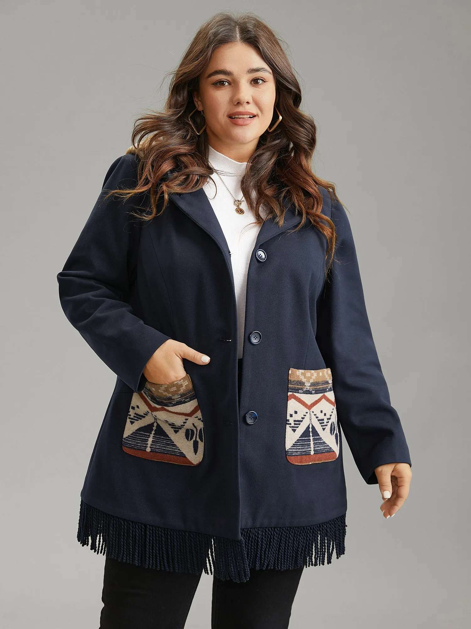 Geometric Contrast Hooded Tassel Trim Coat sold by Bloomchic product image thumbnail 2