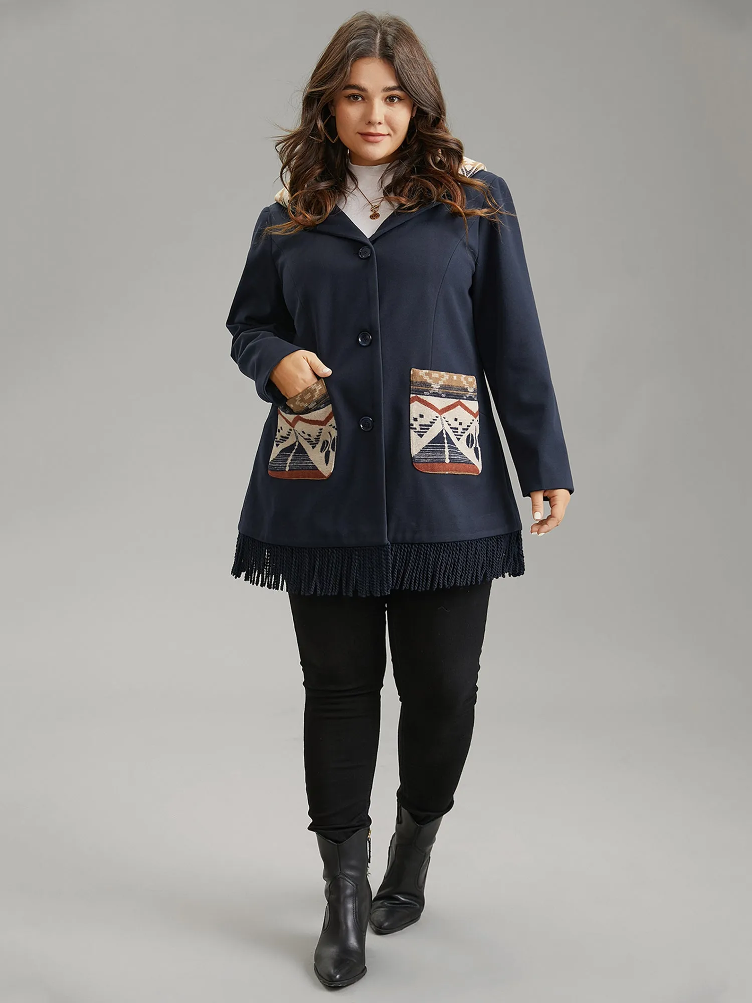 Geometric Contrast Hooded Tassel Trim Coat sold by Bloomchic product image thumbnail 3