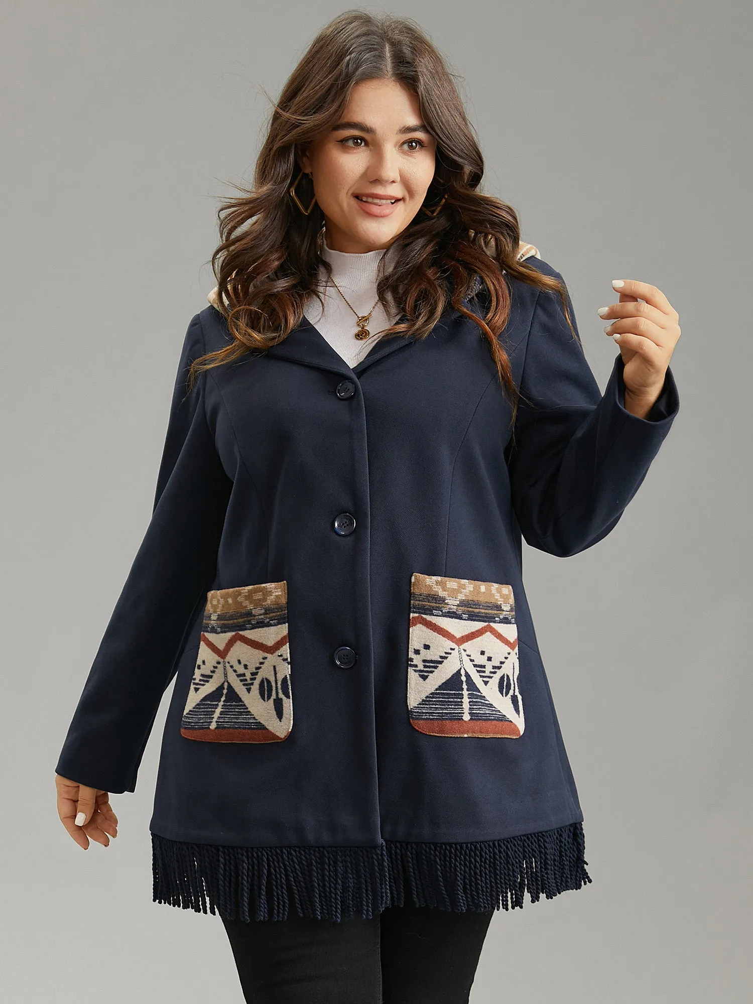 Geometric Contrast Hooded Tassel Trim Coat sold by Bloomchic