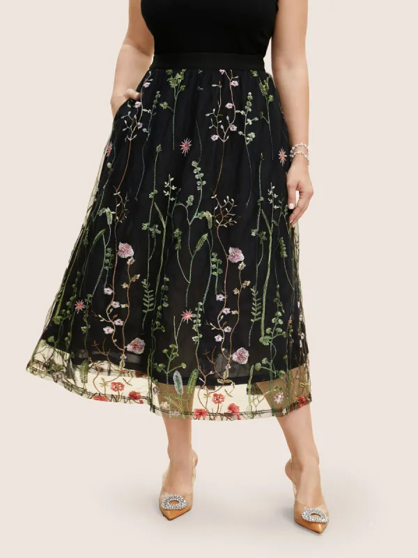 Floral Embroidered Mesh Elastic Waist Pocket Skirt sold by Bloomchic