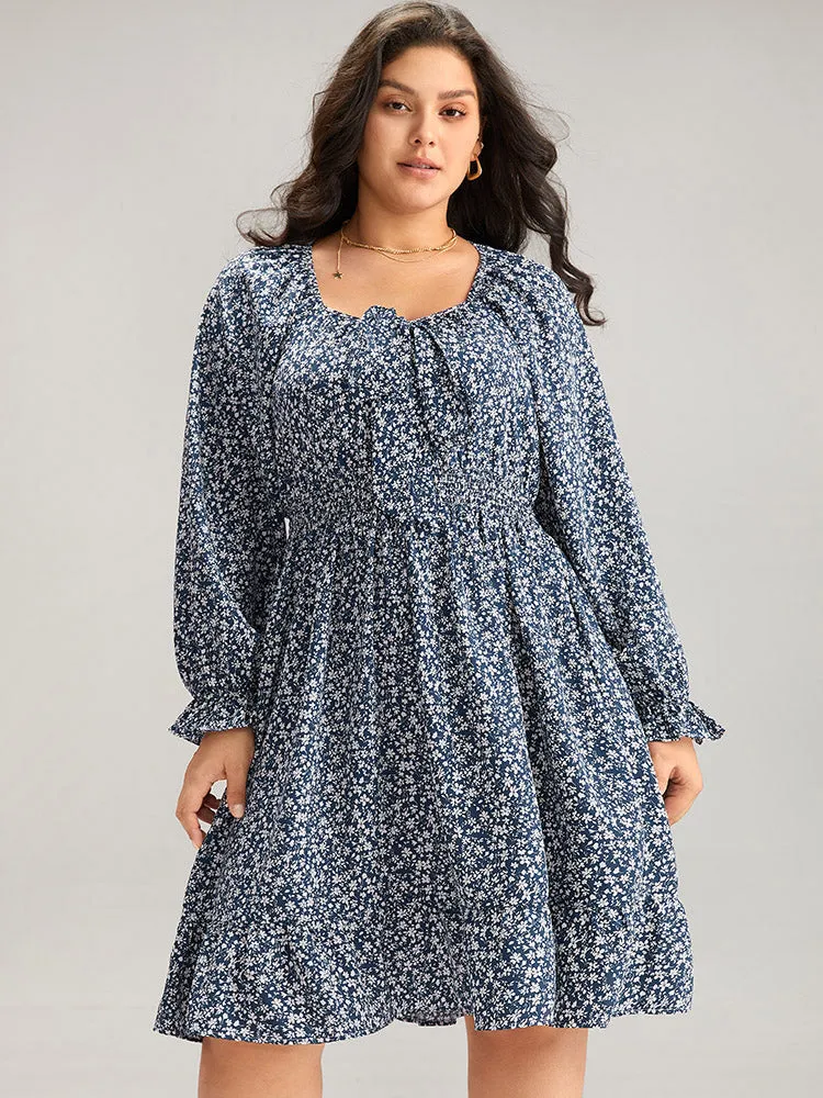 Ditsy Floral Flutter Trim Shirred Knot Neck Dress sold by Bloomchic