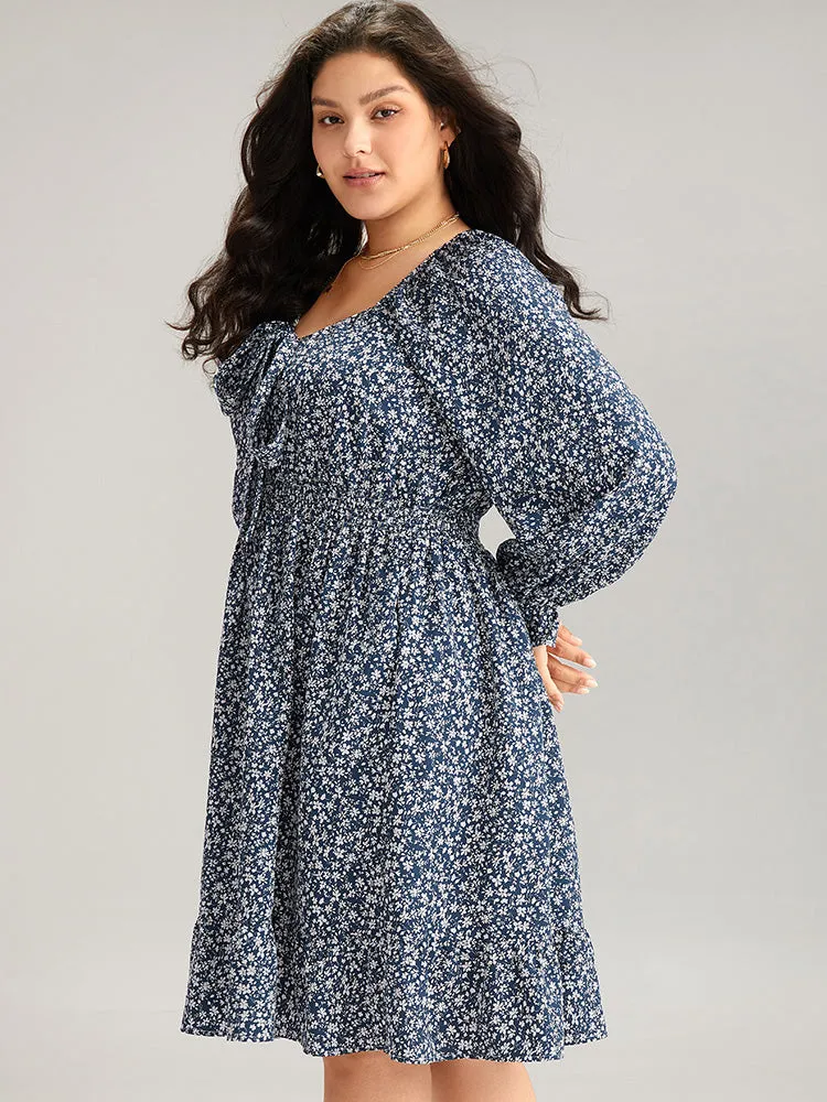 Ditsy Floral Flutter Trim Shirred Knot Neck Dress sold by Bloomchic product image thumbnail 5