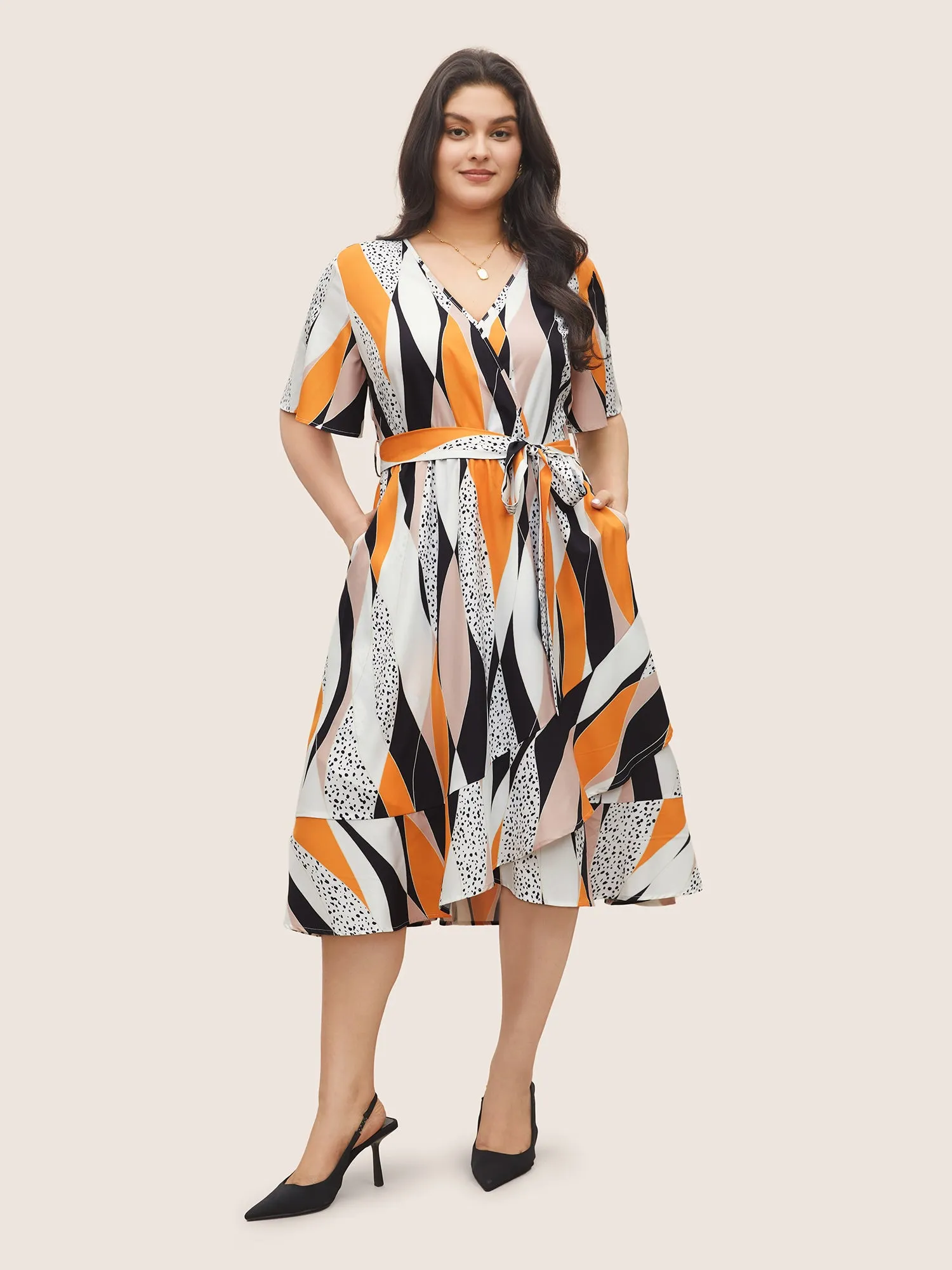 Geometric Contrast Overlap Collar Belted Ruffle Sleeve Dress sold by Bloomchic product image thumbnail 3