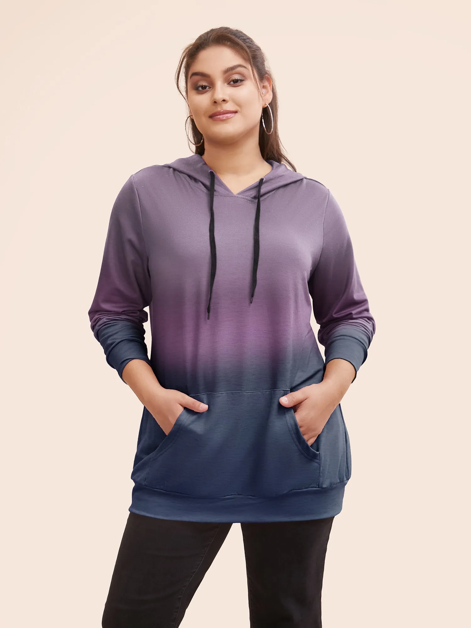 Ombre Pocket Drawstring Hooded Sweatshirt sold by Bloomchic