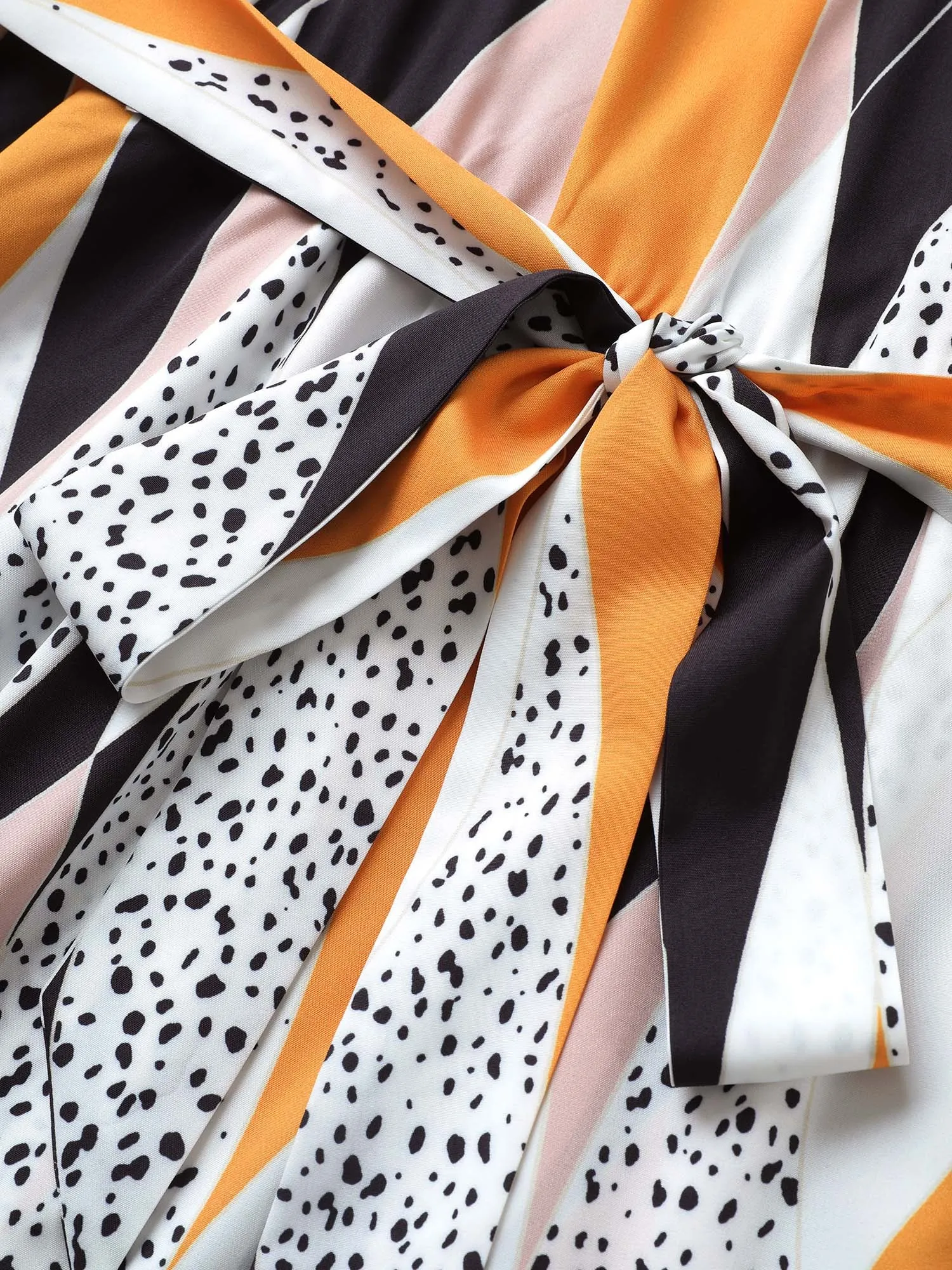 Geometric Contrast Overlap Collar Belted Ruffle Sleeve Dress sold by Bloomchic product image thumbnail 5