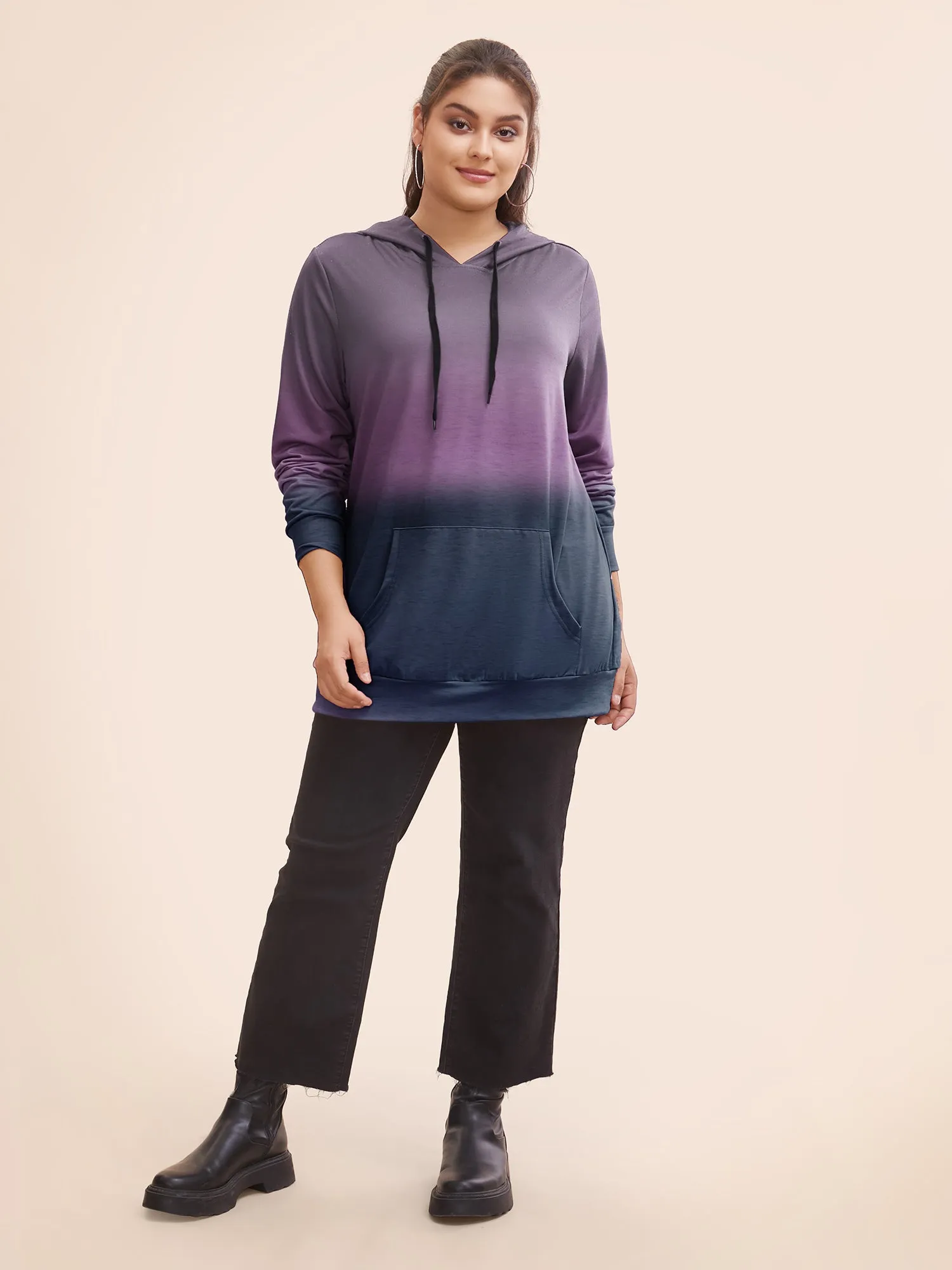 Ombre Pocket Drawstring Hooded Sweatshirt sold by Bloomchic product image thumbnail 2