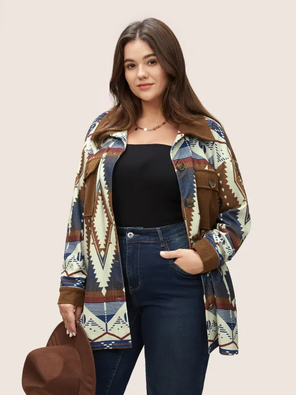 Geometric Patchwork Corduroy Patched Pocket Jacket sold by Bloomchic