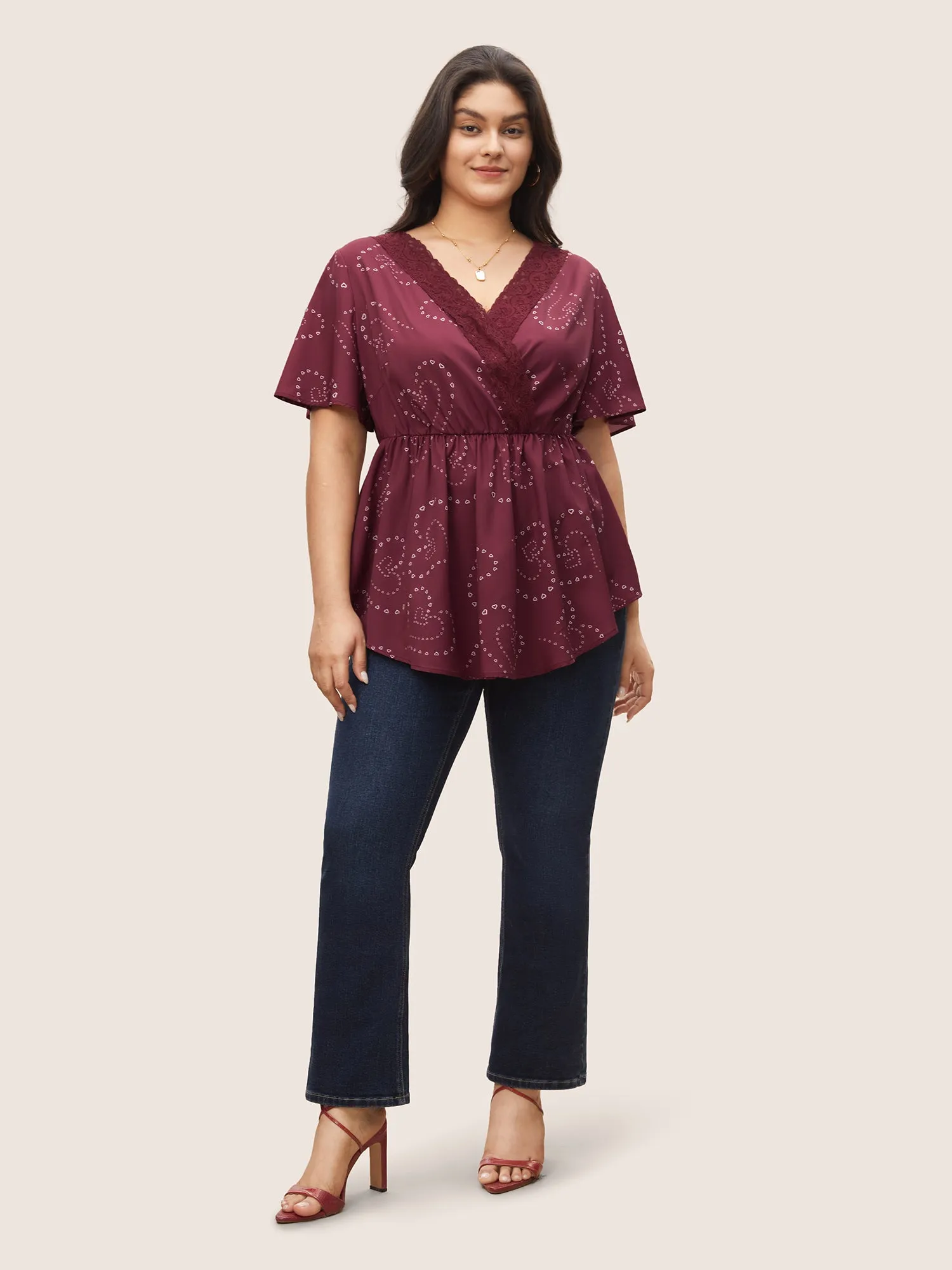 Heart Lace Patchwork Wrap Elastic Waist Blouse sold by Bloomchic product image thumbnail 2