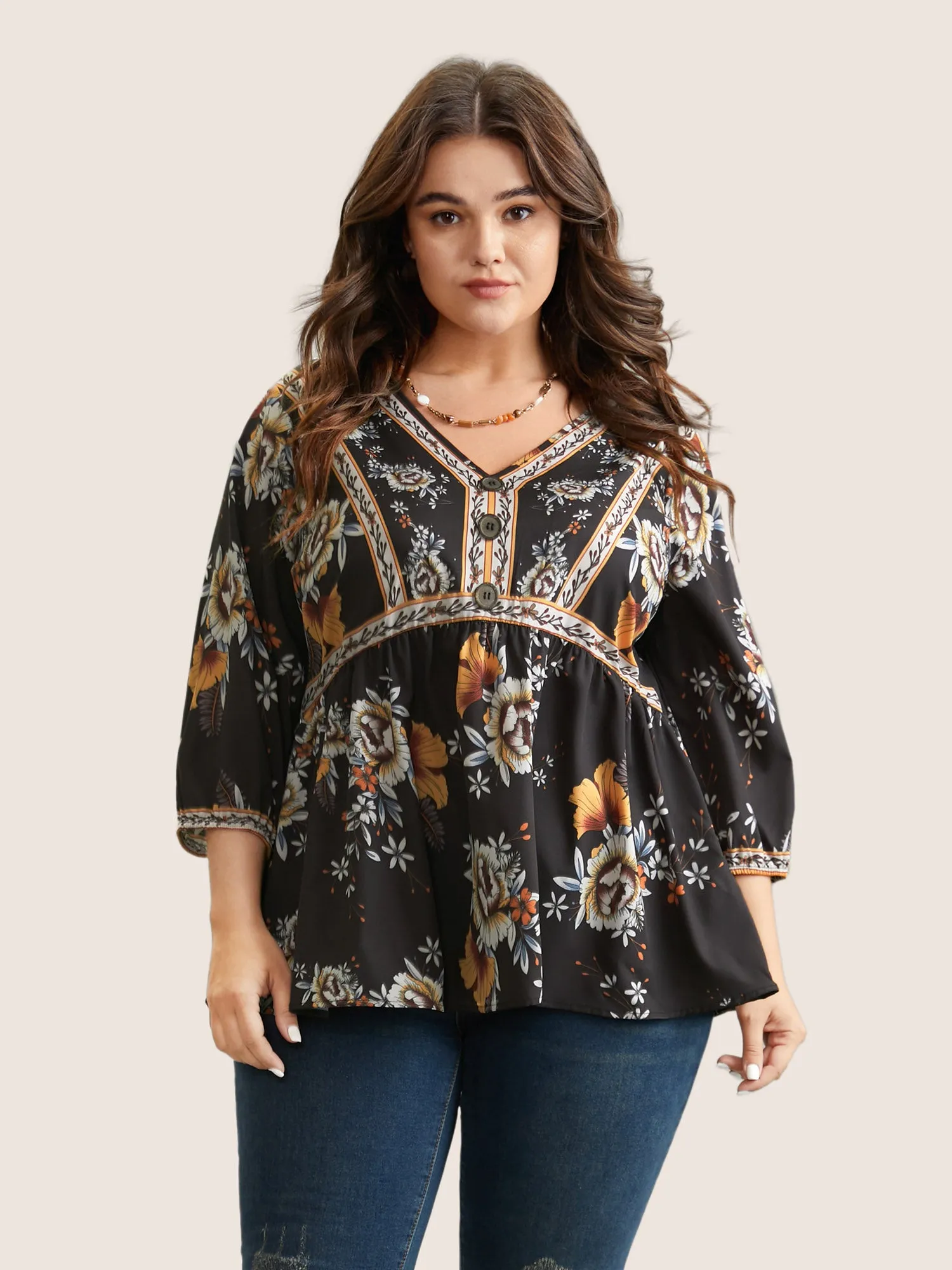 Boho Print V Neck Button Detail Gathered Blouse sold by Bloomchic product image thumbnail 5