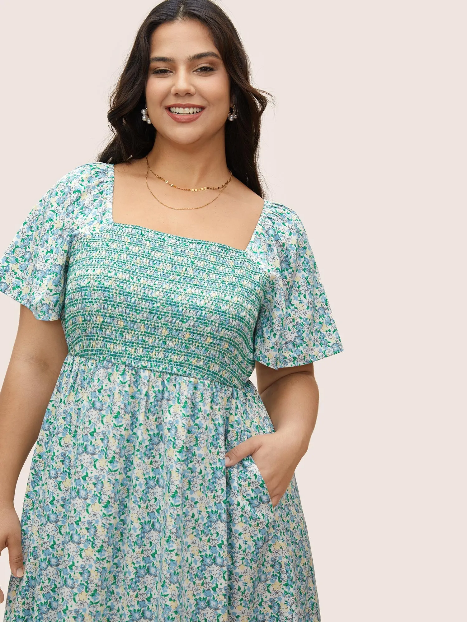 Square Neck Ditsy Floral Shirred Ruffle Sleeve Dress sold by Bloomchic product image thumbnail 4