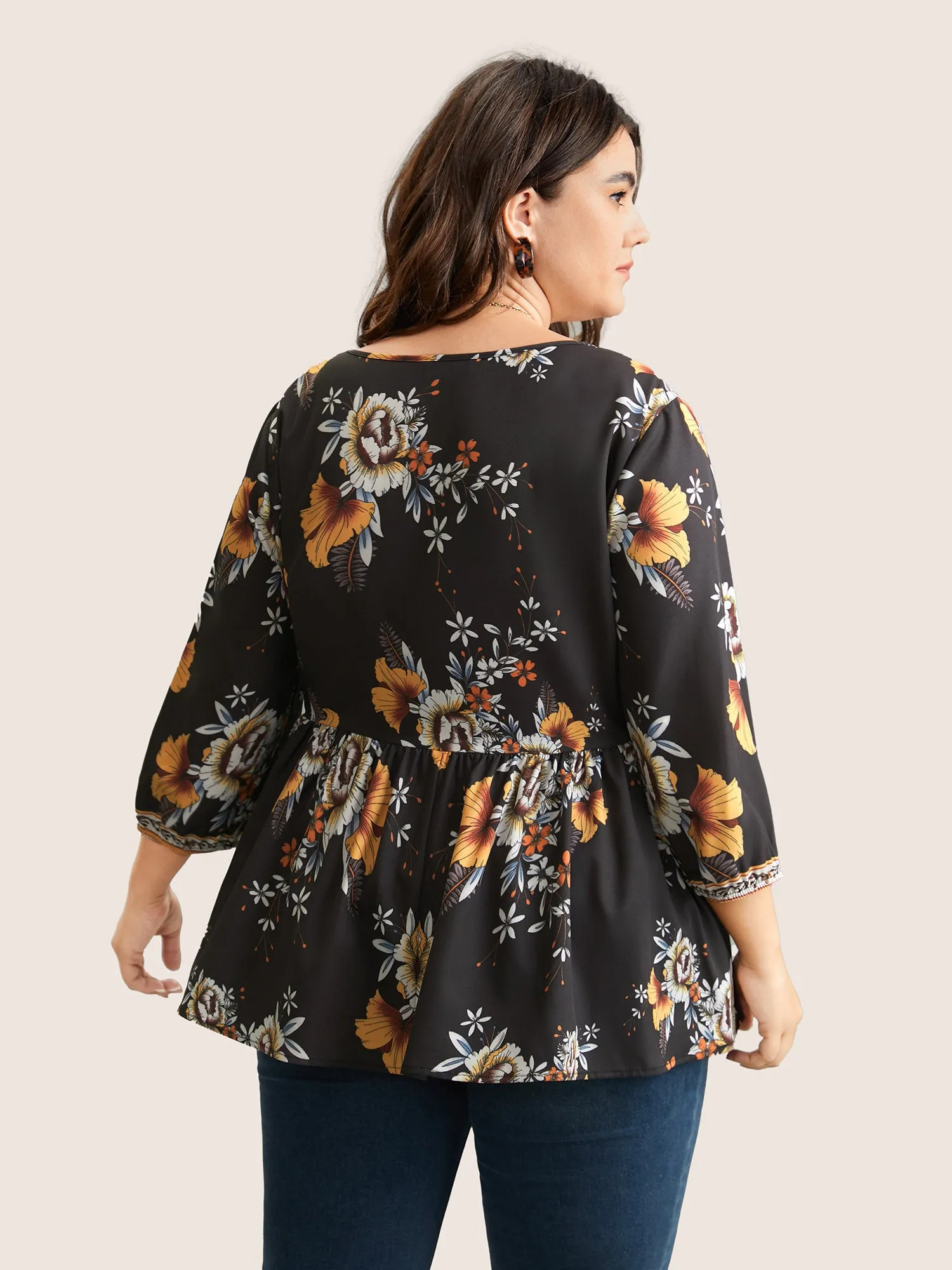 Boho Print V Neck Button Detail Gathered Blouse sold by Bloomchic product image thumbnail 2