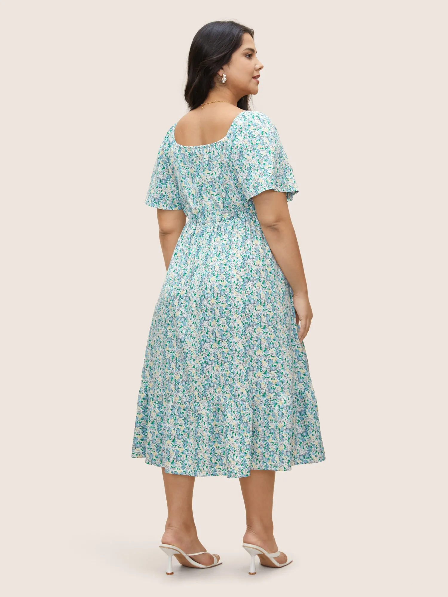 Square Neck Ditsy Floral Shirred Ruffle Sleeve Dress sold by Bloomchic product image thumbnail 3