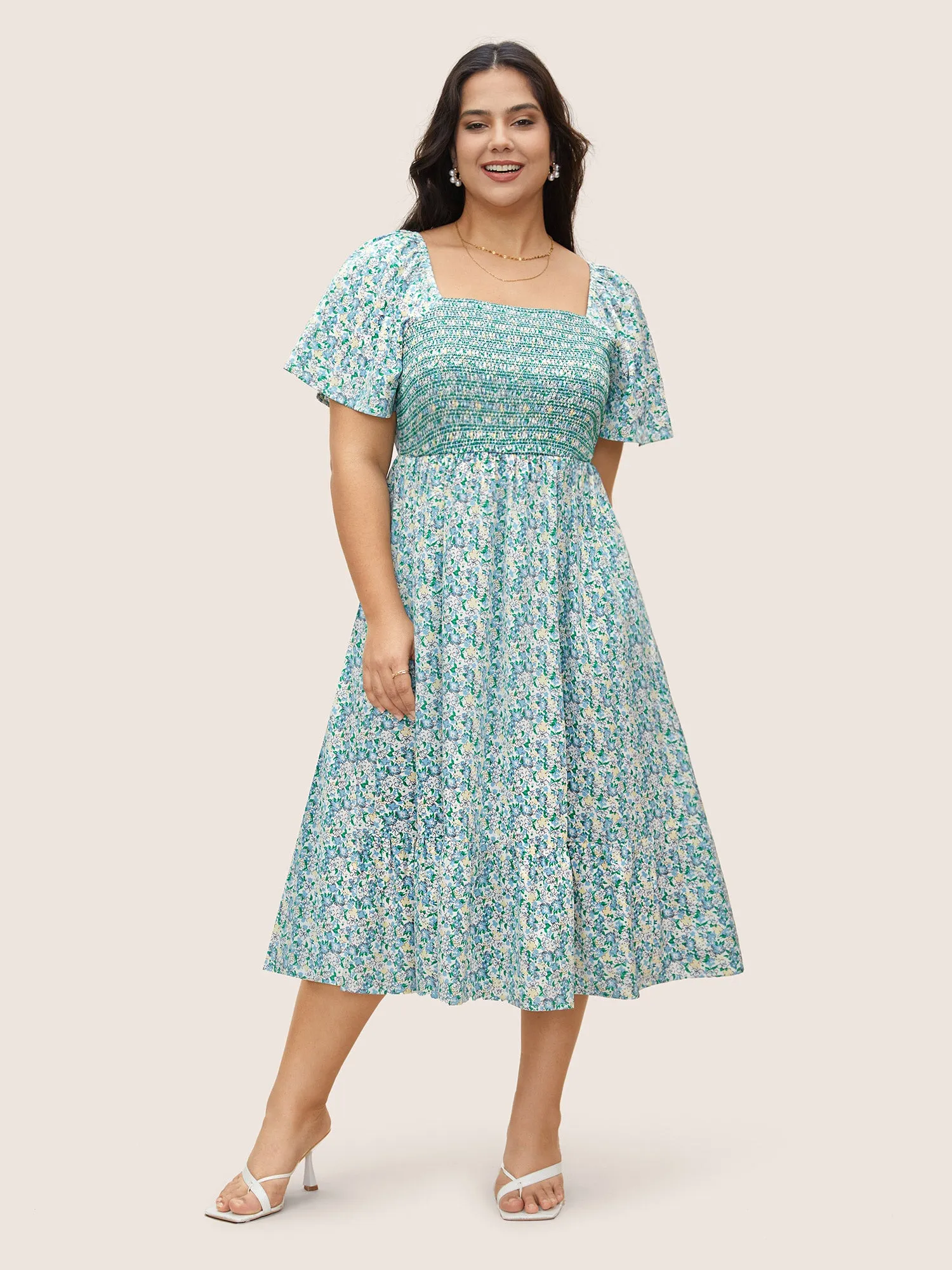 Square Neck Ditsy Floral Shirred Ruffle Sleeve Dress sold by Bloomchic product image thumbnail 2