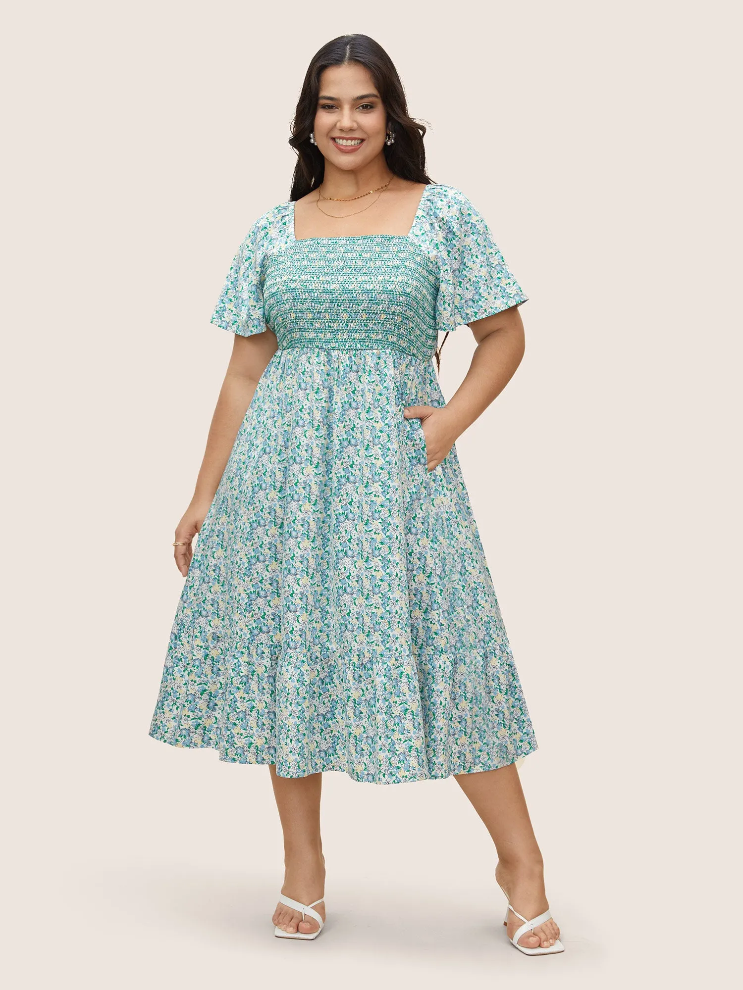 Square Neck Ditsy Floral Shirred Ruffle Sleeve Dress sold by Bloomchic