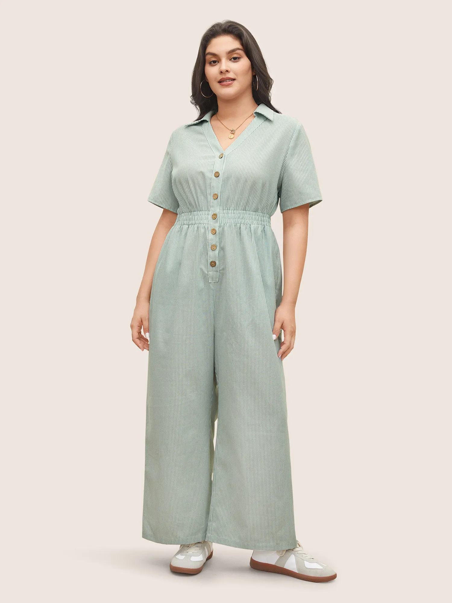 Striped Lapel Collar Shirred Button Detail Jumpsuit sold by Bloomchic product image thumbnail 3