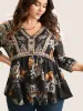 Boho Print V Neck Button Detail Gathered Blouse sold by Bloomchic