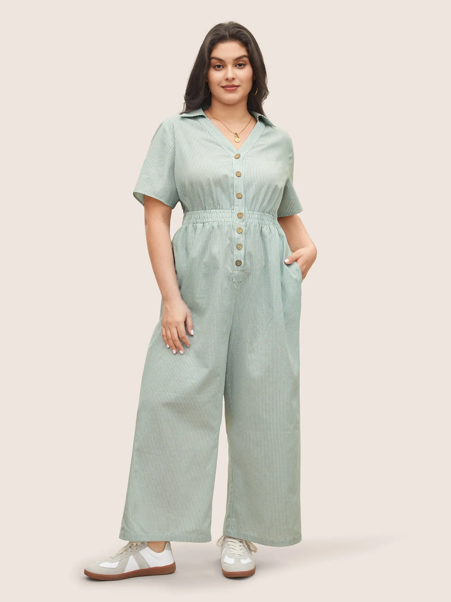 Striped Lapel Collar Shirred Button Detail Jumpsuit sold by Bloomchic