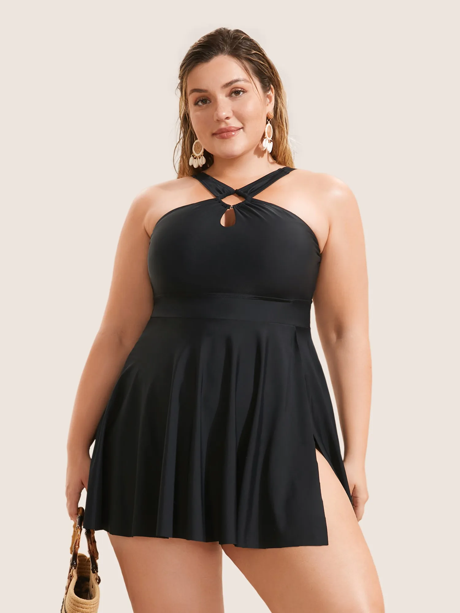 Plain Cut Out Split Side Swim Dress sold by Bloomchic