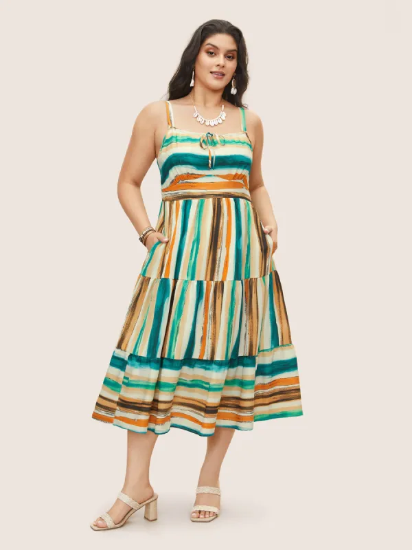 Colored Stripes Drawstring Patchwork Hem Cami Dress sold by Bloomchic
