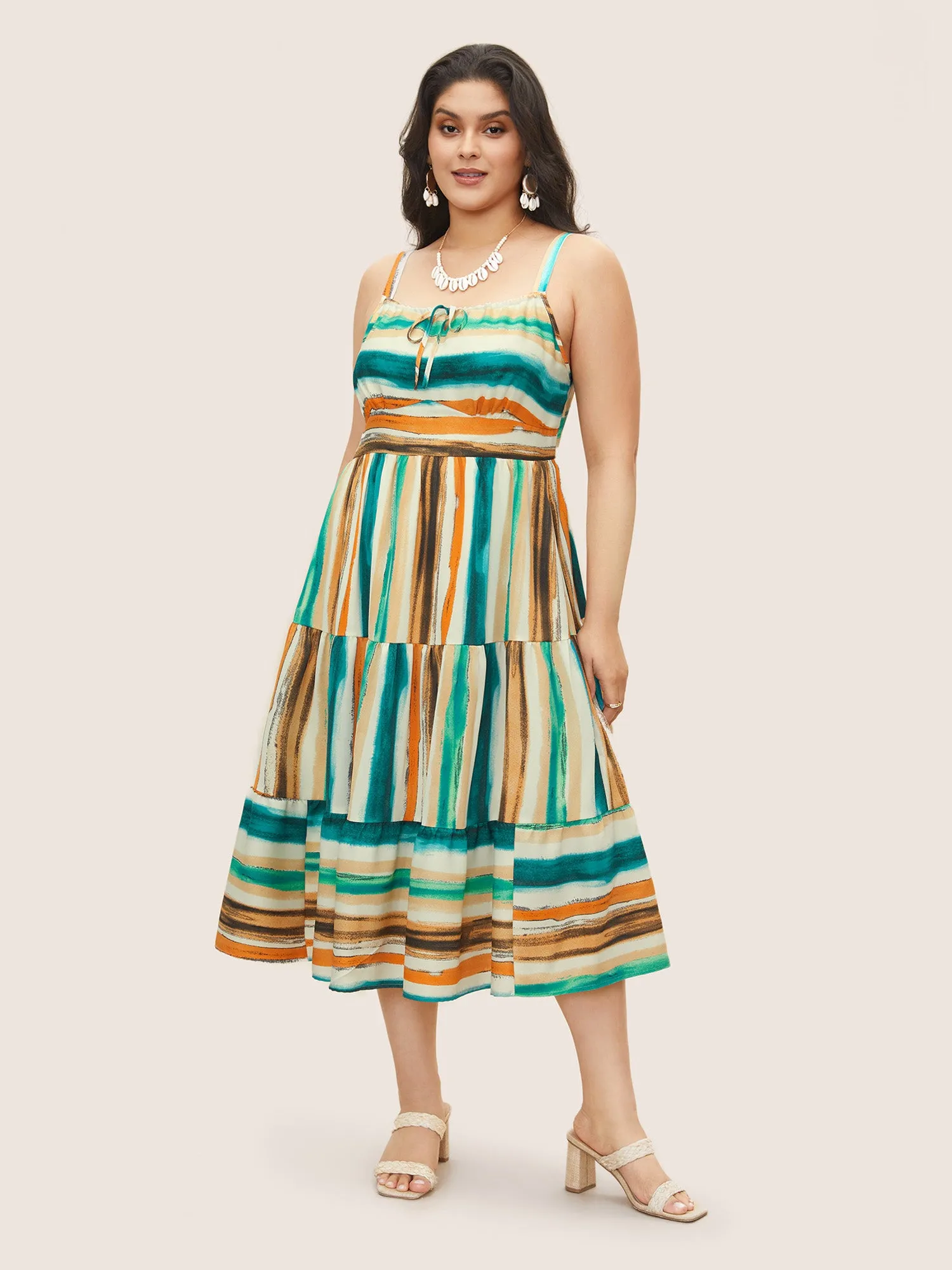 Colored Stripes Drawstring Patchwork Hem Cami Dress sold by Bloomchic product image thumbnail 2