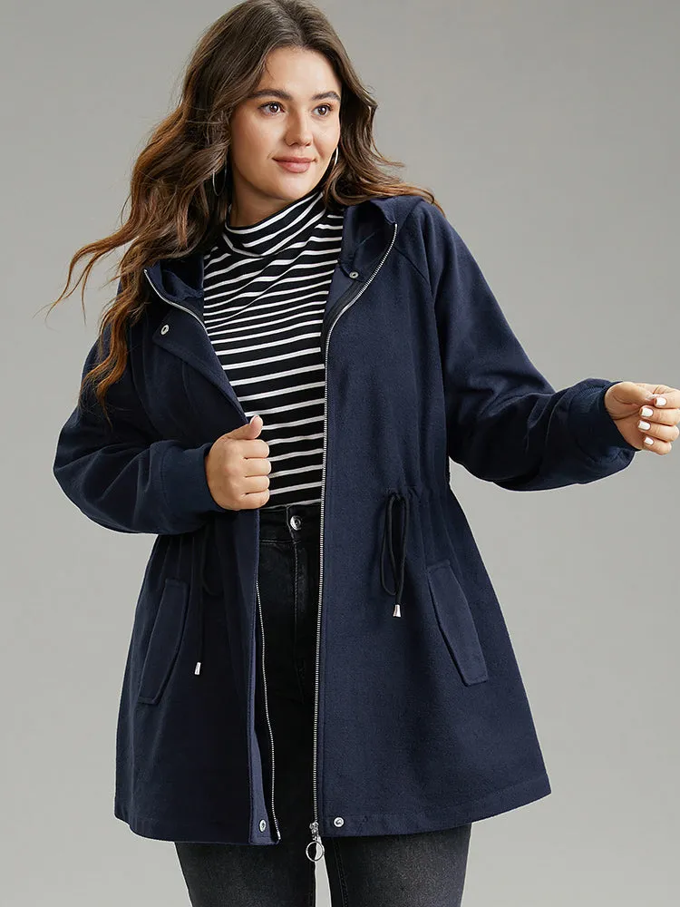 Solid O Ring Zipper Hooded Drawstring Coat sold by Bloomchic
