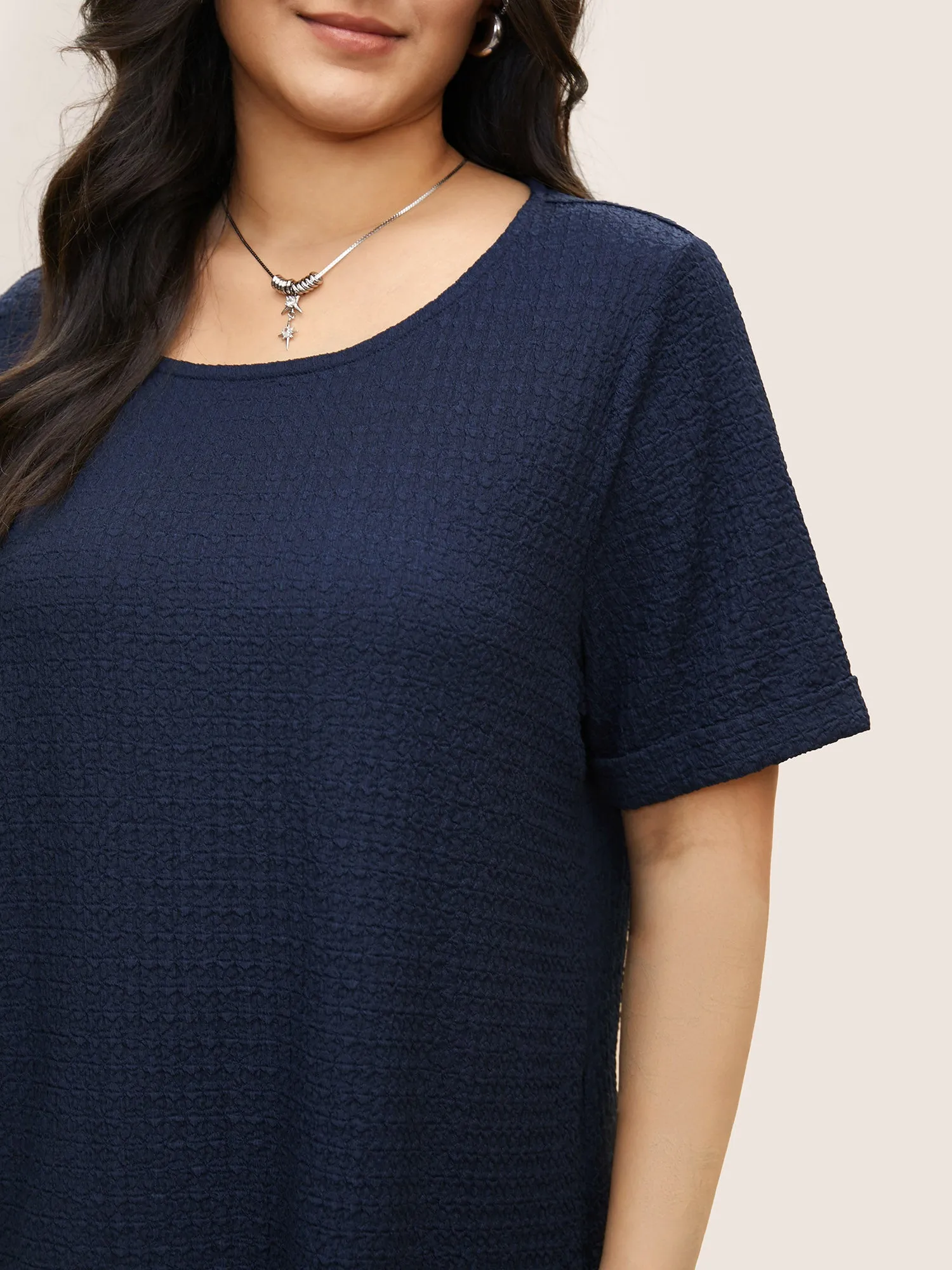 Plain Textured Crew Neck Cuffed Sleeve T-shirt sold by Bloomchic product image thumbnail 4