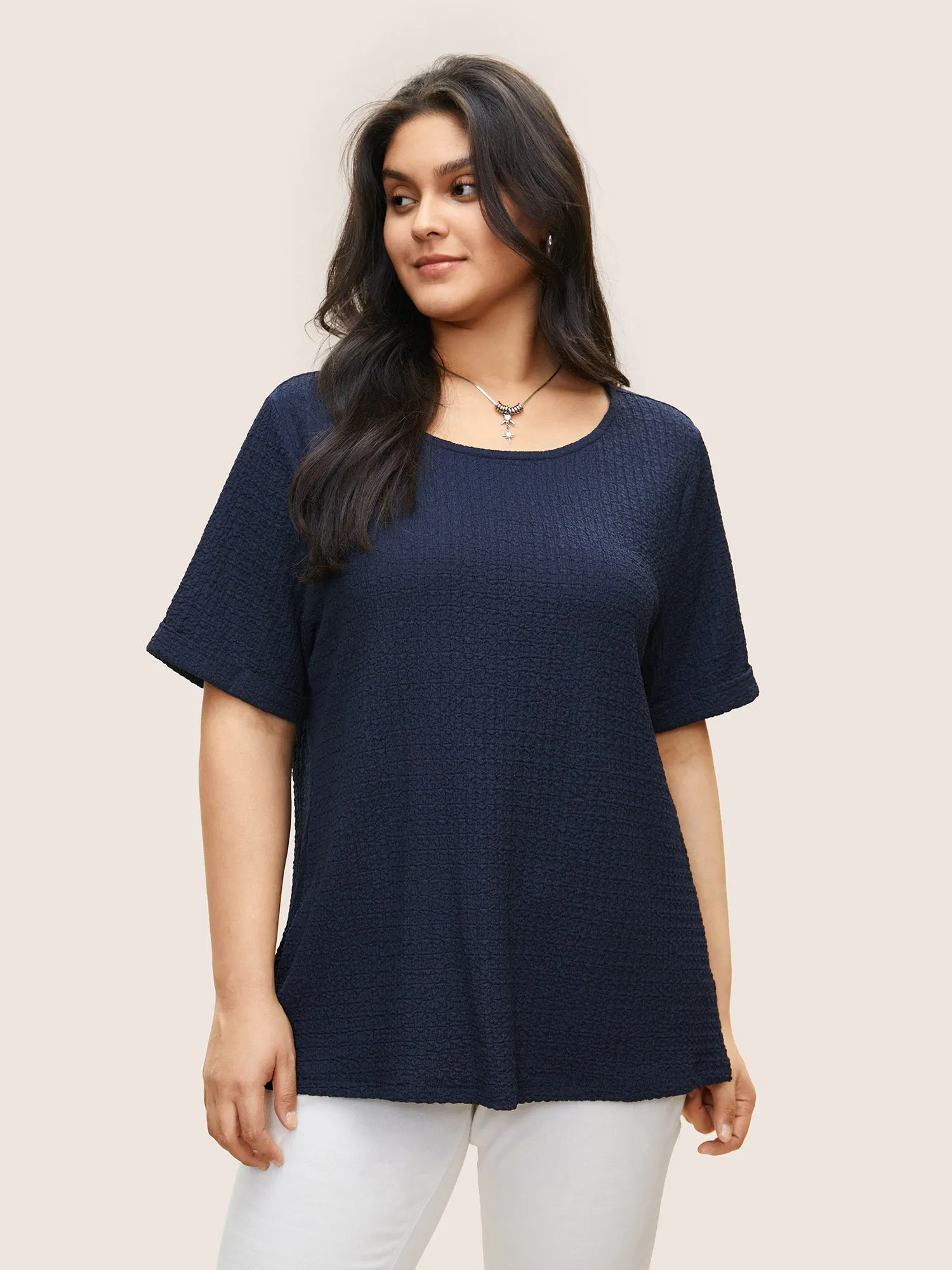 Plain Textured Crew Neck Cuffed Sleeve T-shirt sold by Bloomchic