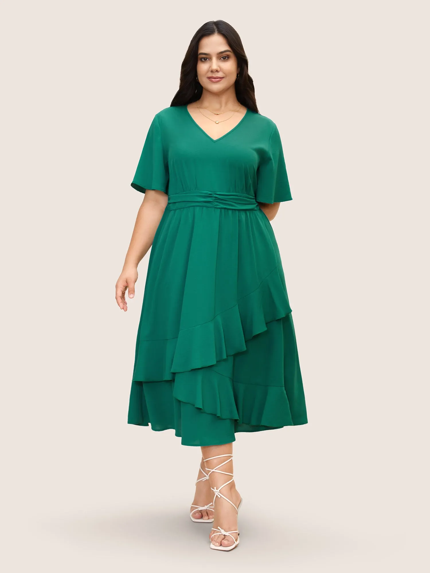 Plain Ruched Patchwork Ruffle Trim Dress sold by Bloomchic product image thumbnail 2